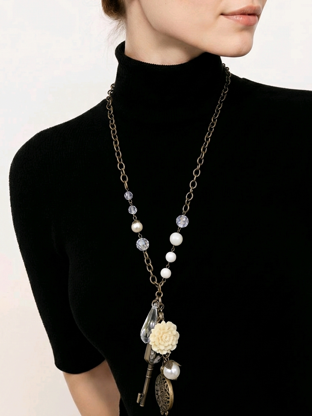 RARR Plunder Necklace  Dangling Charms Beaded Flower Key  Locket Faux Pearls